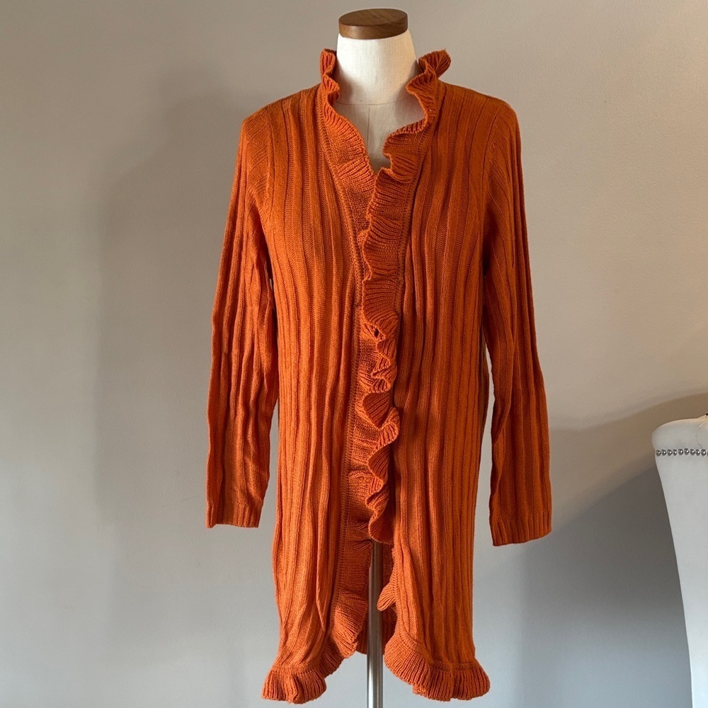 Ruffled burnt Orange Knit cardigan open Sweater size large like new